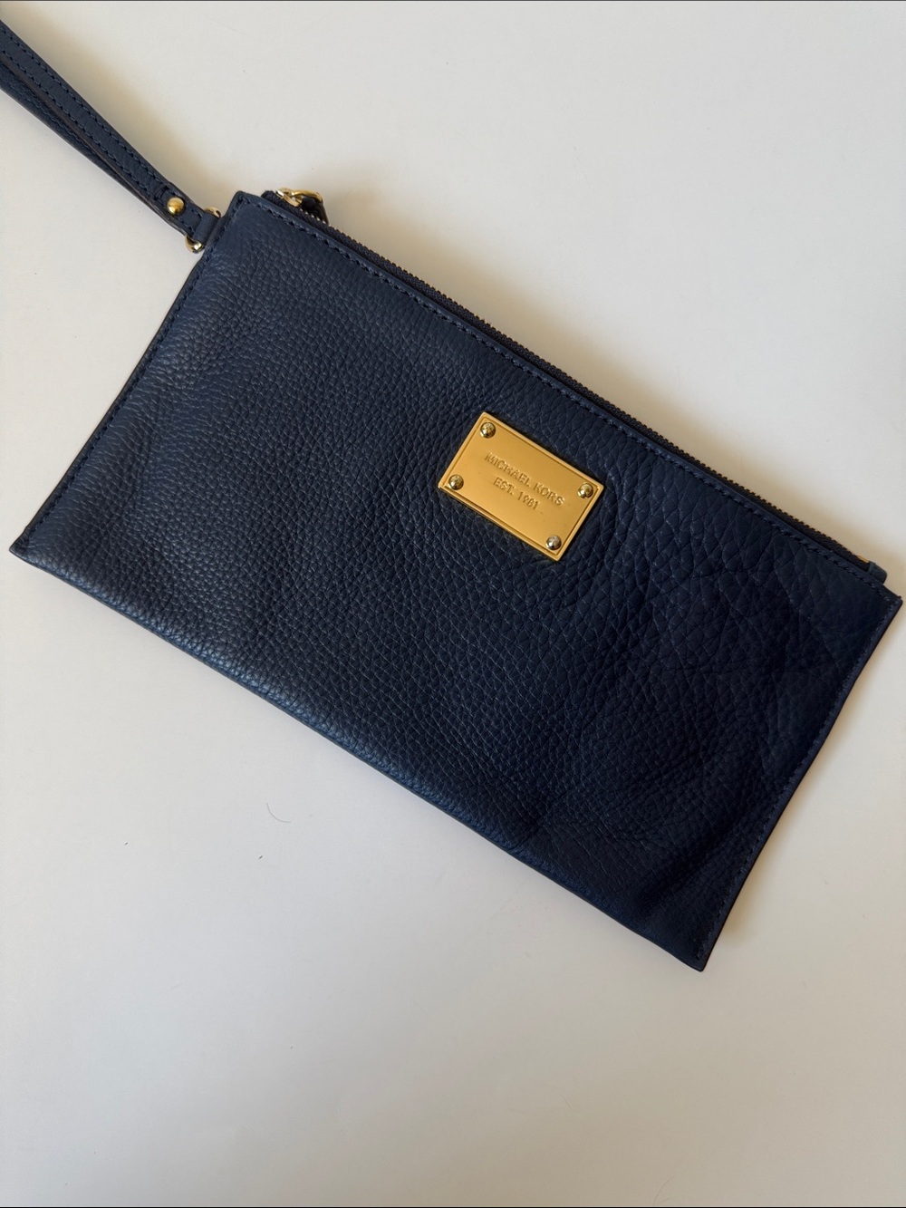 Michael Kors Navy Blue Leather Wristlet with Gold Plate